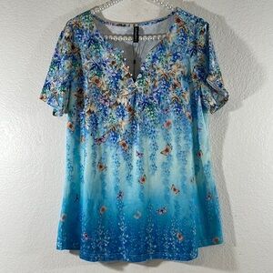 Just Fashion Now Butterfly Print Button Short Sleeve Blouse Size Large NEW